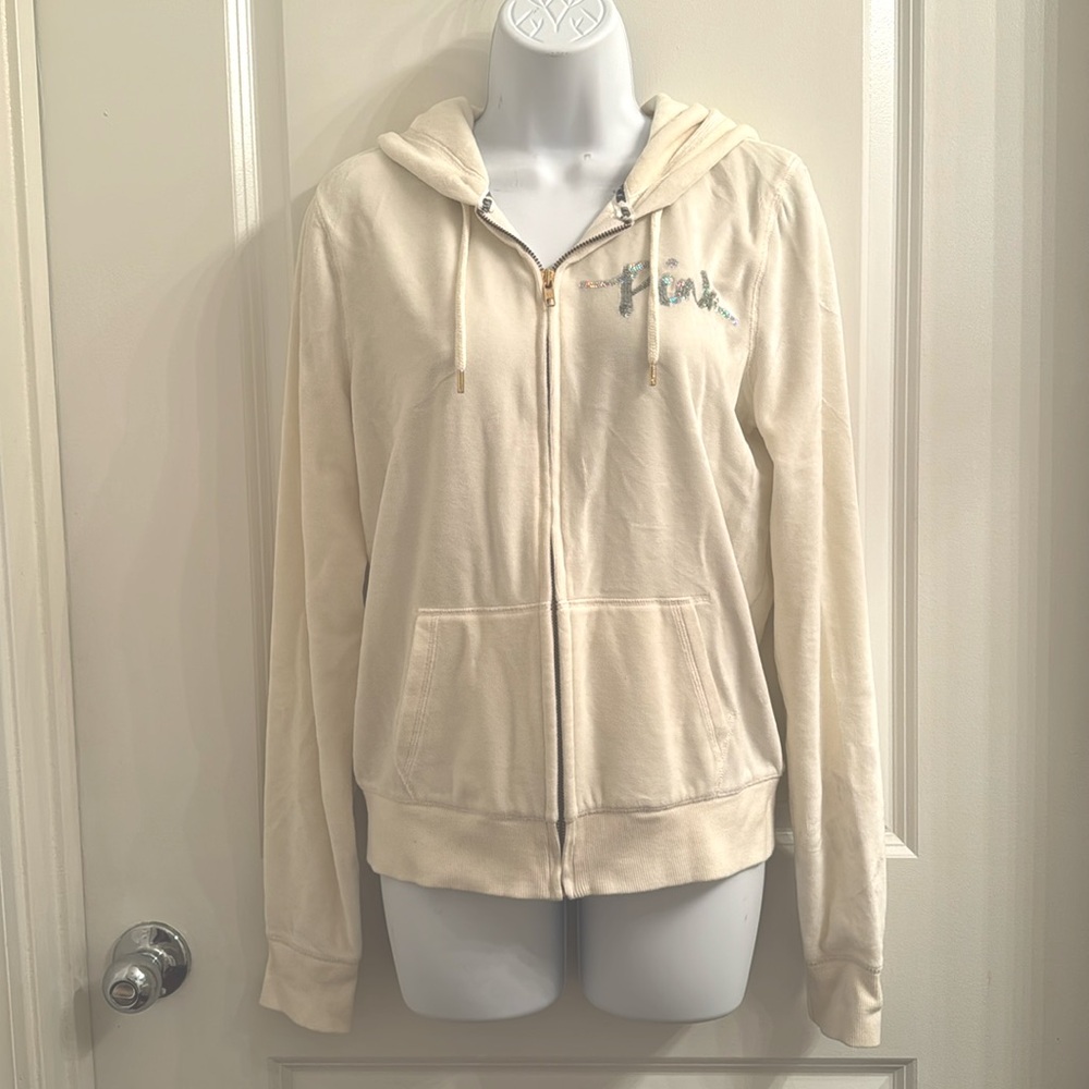 PINK Women’s Velour Hoodie (Medium, Ivory)